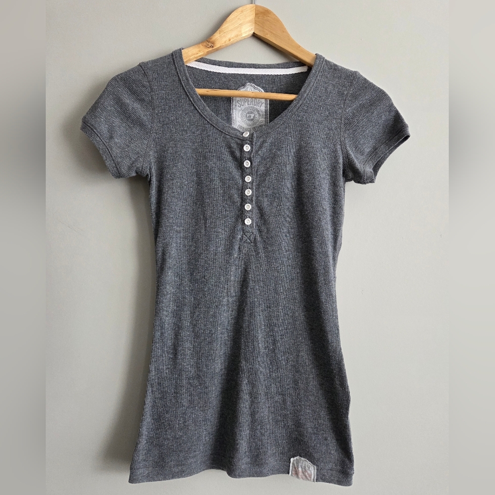 Superdry Gray Ribbed Henley Top Short Sleeve Button Front Street Casual Tee M